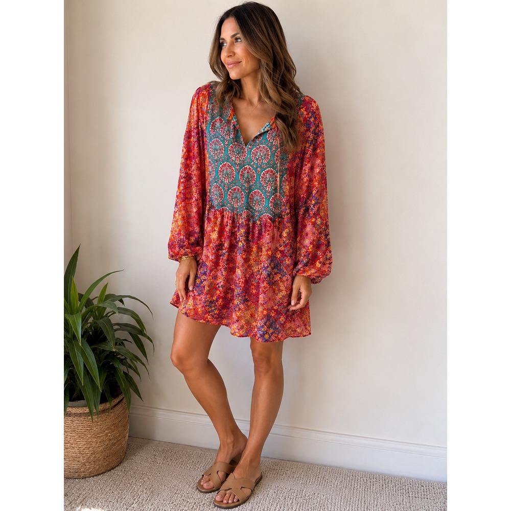 Benares India Mixed Print Tunic Dress Boho Floral Viscose Size‎ XL